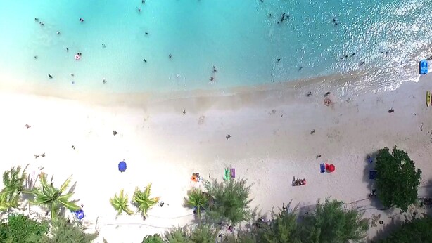A beach with clear turquoise water, palm trees, and a few people.