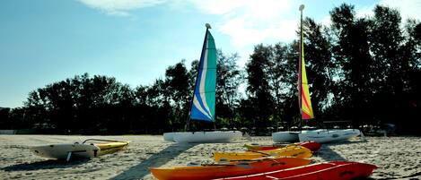 Una playa con varios kayaks y un velero alineados en la arena.