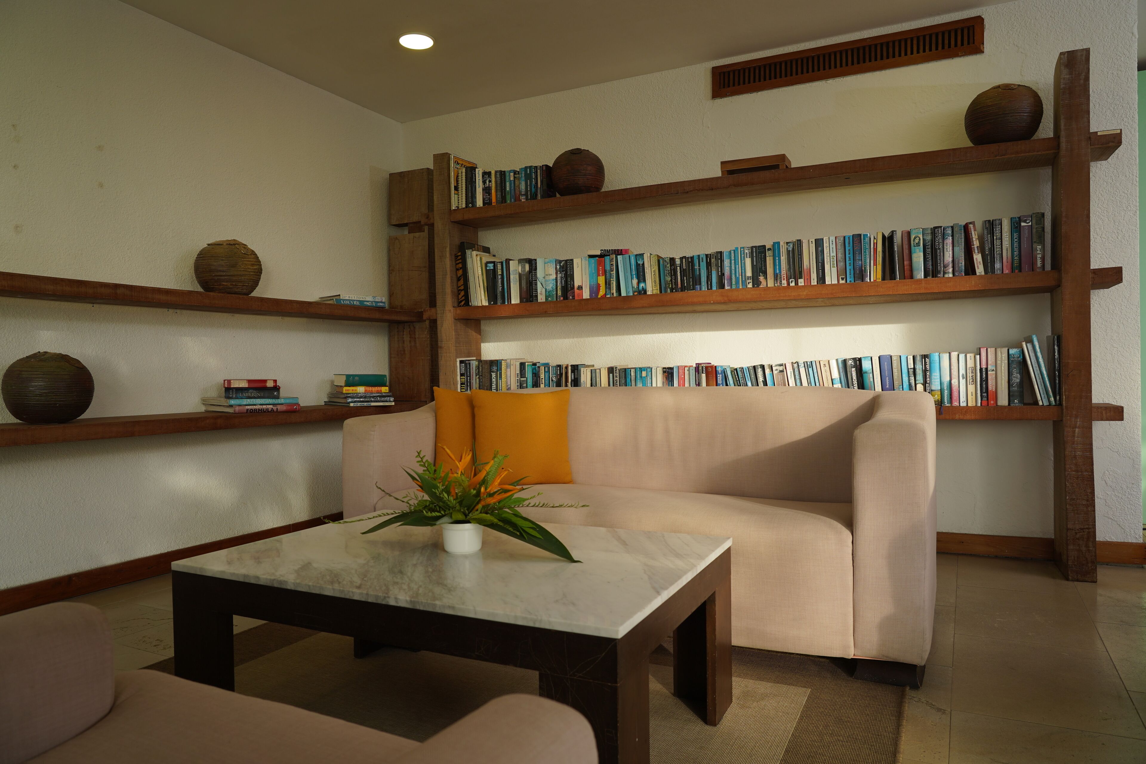 Una sala de estar con un sofá, una mesa baja con una planta y estanterías de madera llenas de libros.