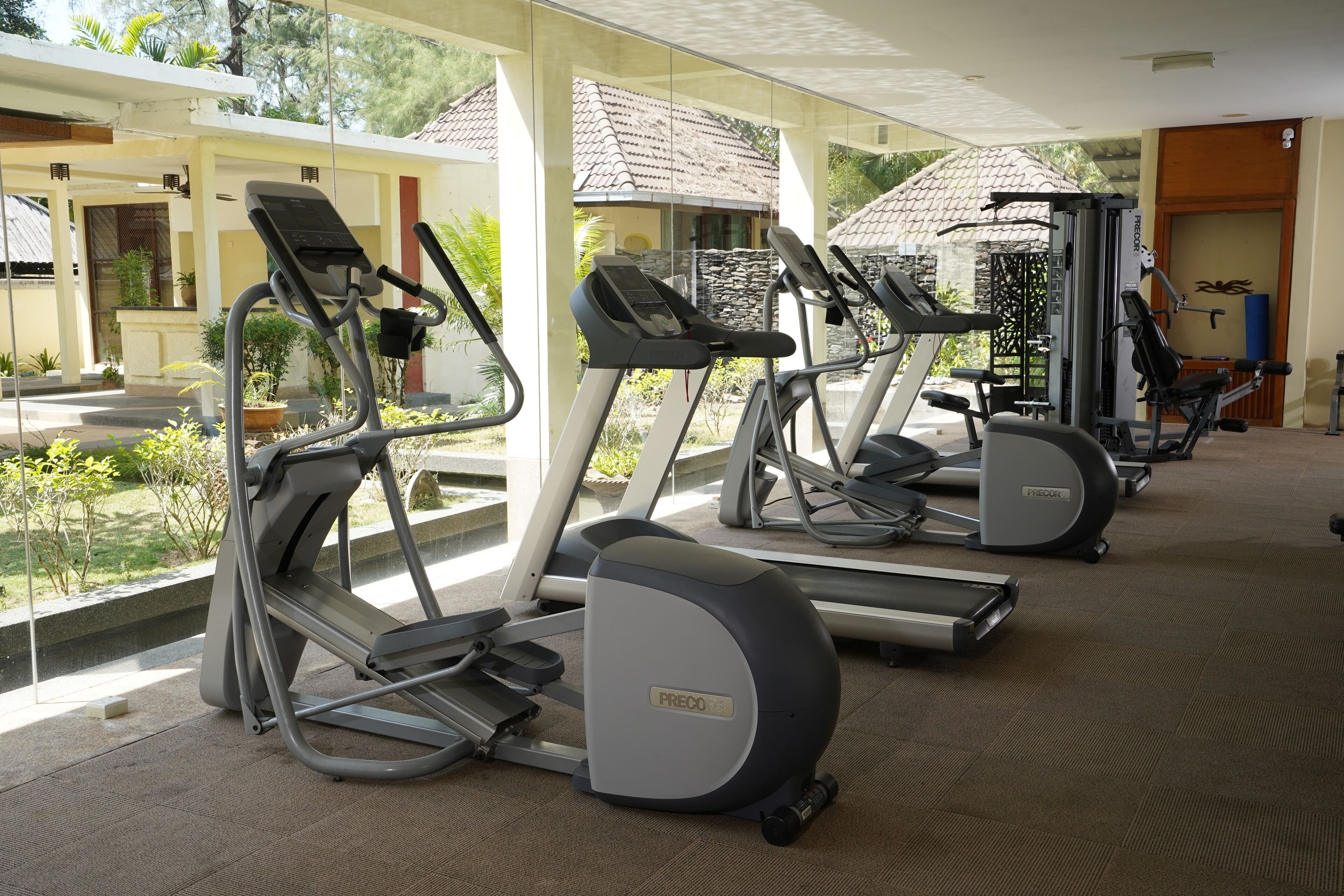 A gym with treadmills and elliptical machines, a covered area with a view of the outside, and exercise equipment.