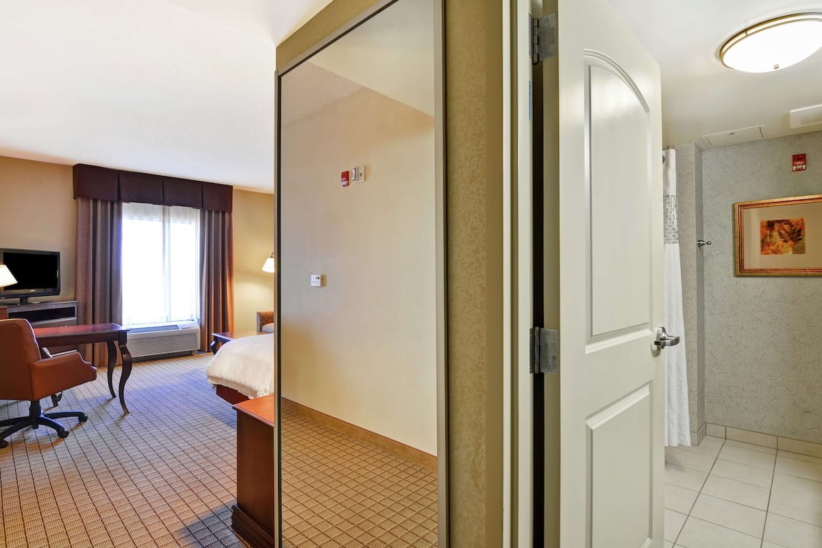 A hotel room with a bed, a desk, a chair, a television, and a bathroom with a shower and a towel rack.
