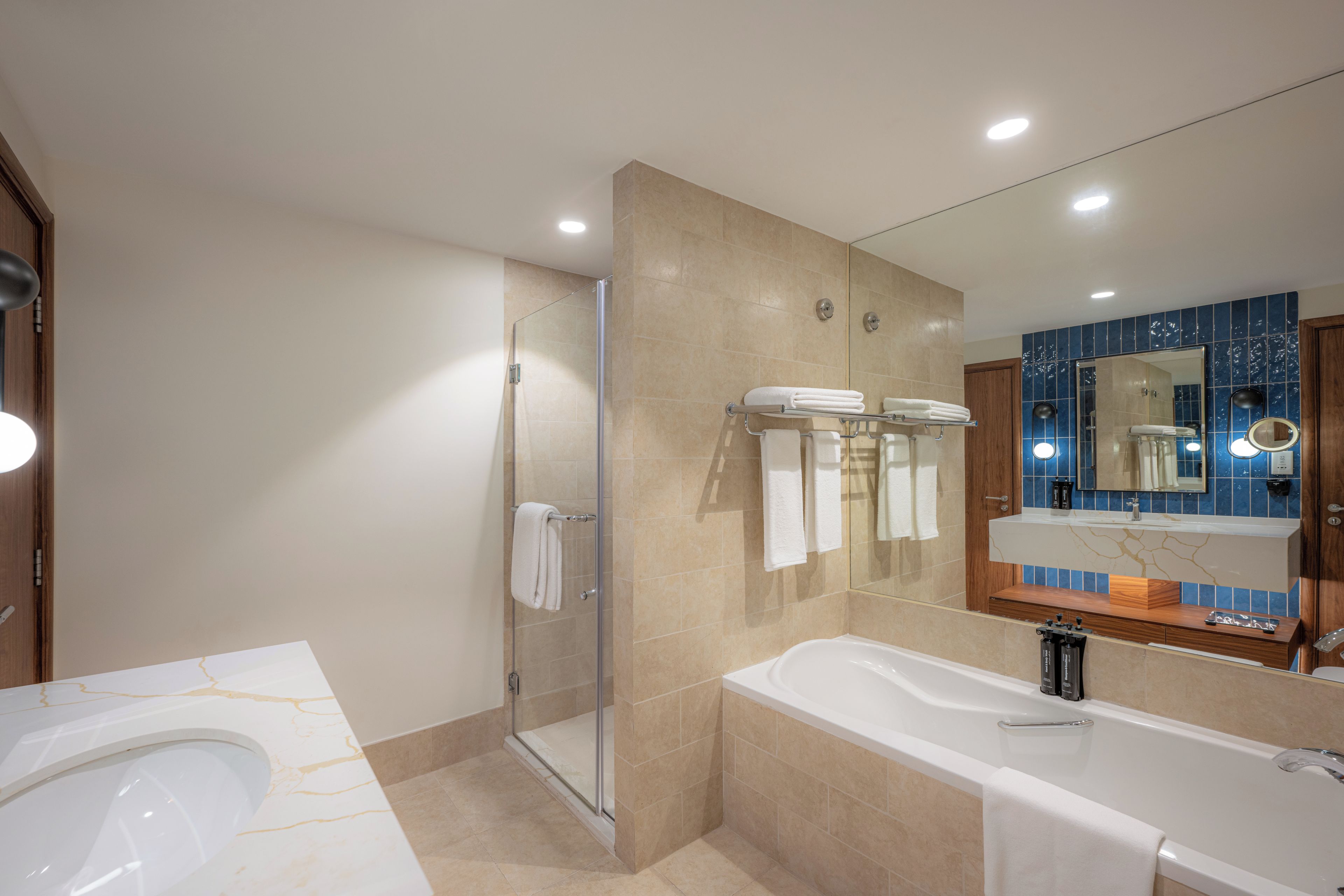 A modern bathroom with a glass-enclosed shower, a large bathtub, and a vanity with a mirror.