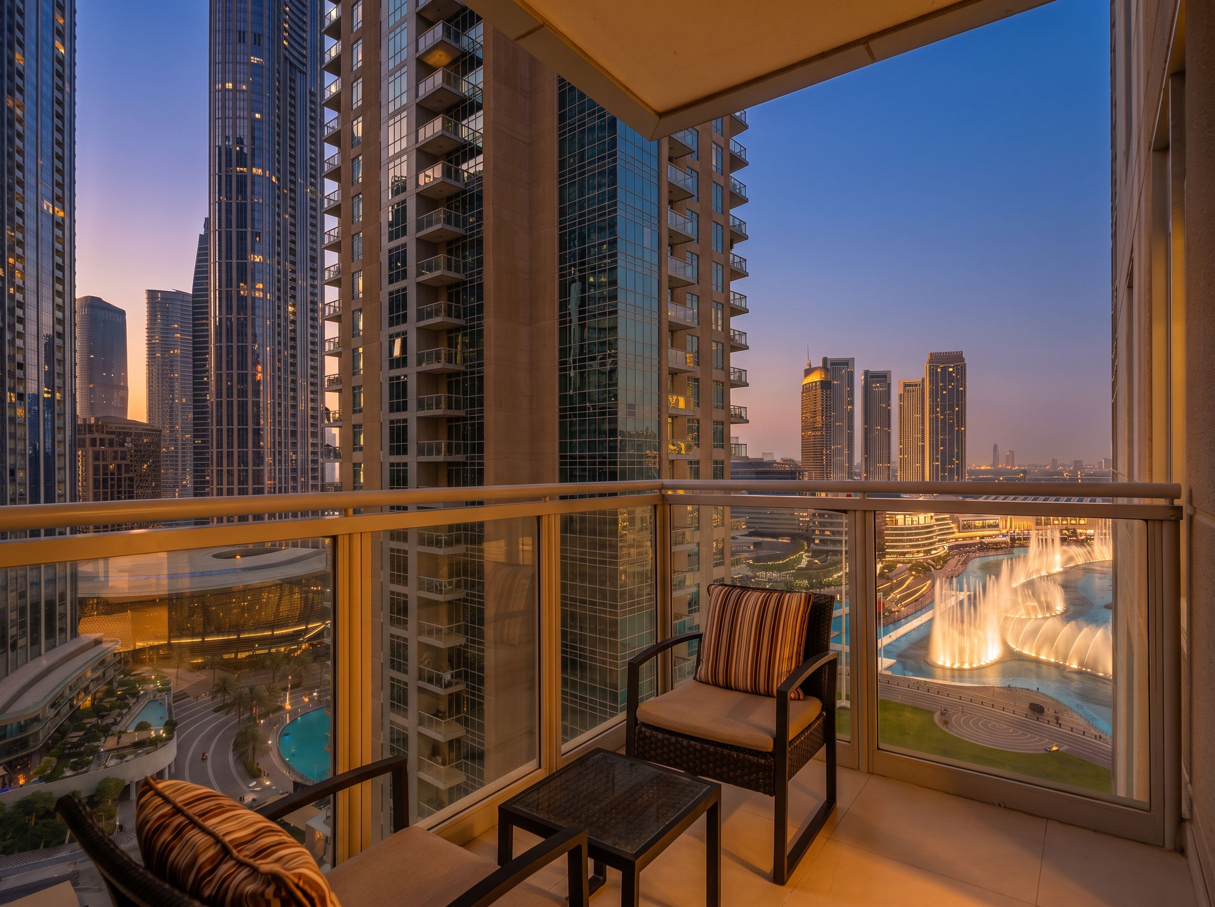 Varanda com vista para um horizonte urbano e um lago/fontana.