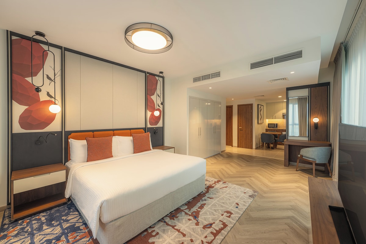 Monolocale Premium, 1 letto king (Burj Khalifa and Fountain View) | Biancheria da letto ipoallergenica, copriletto in piuma
