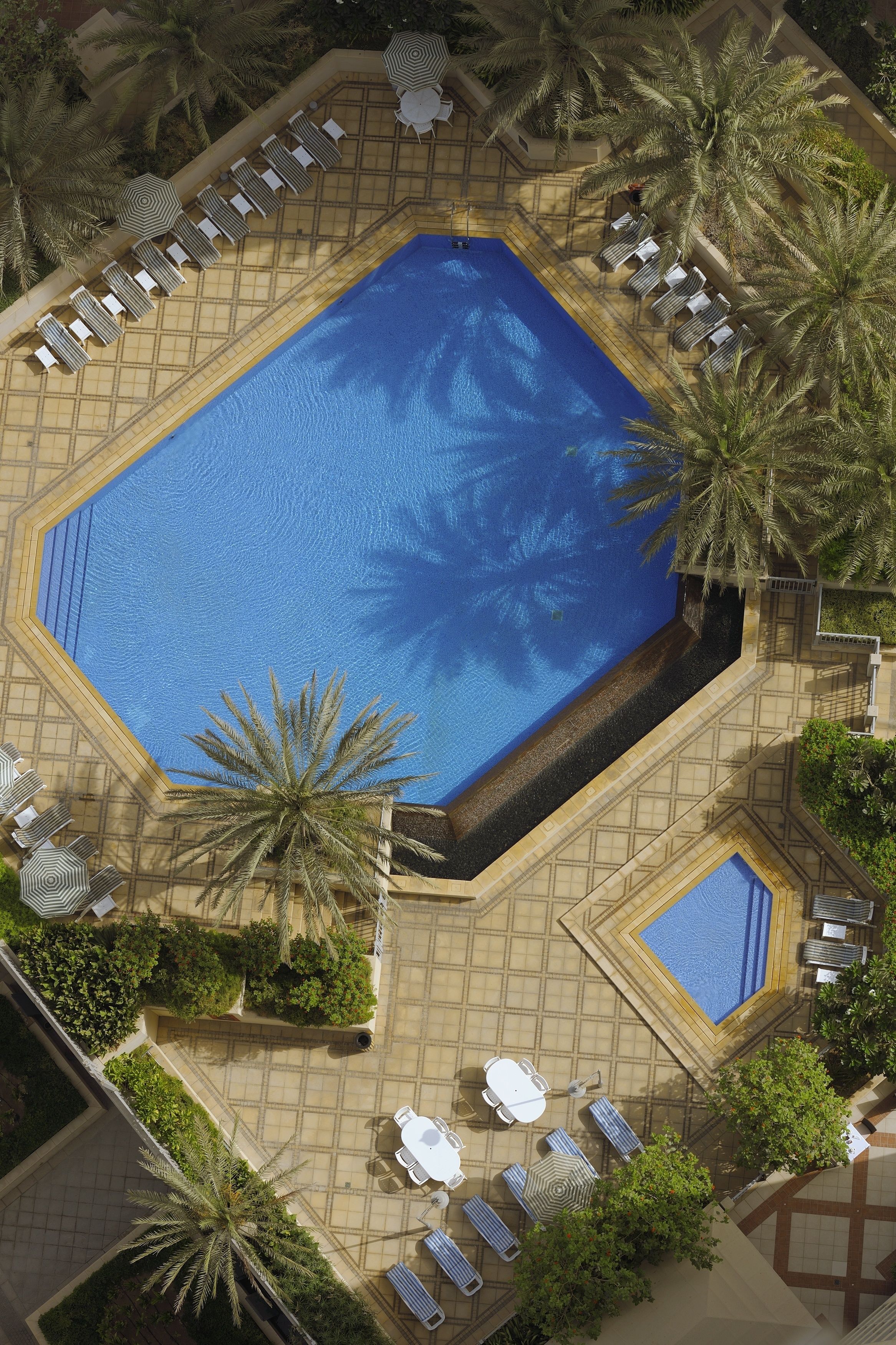 An aerial view of a resort pool area with multiple lounge chairs and umbrellas, surrounded by palm trees and a tiled walkway.