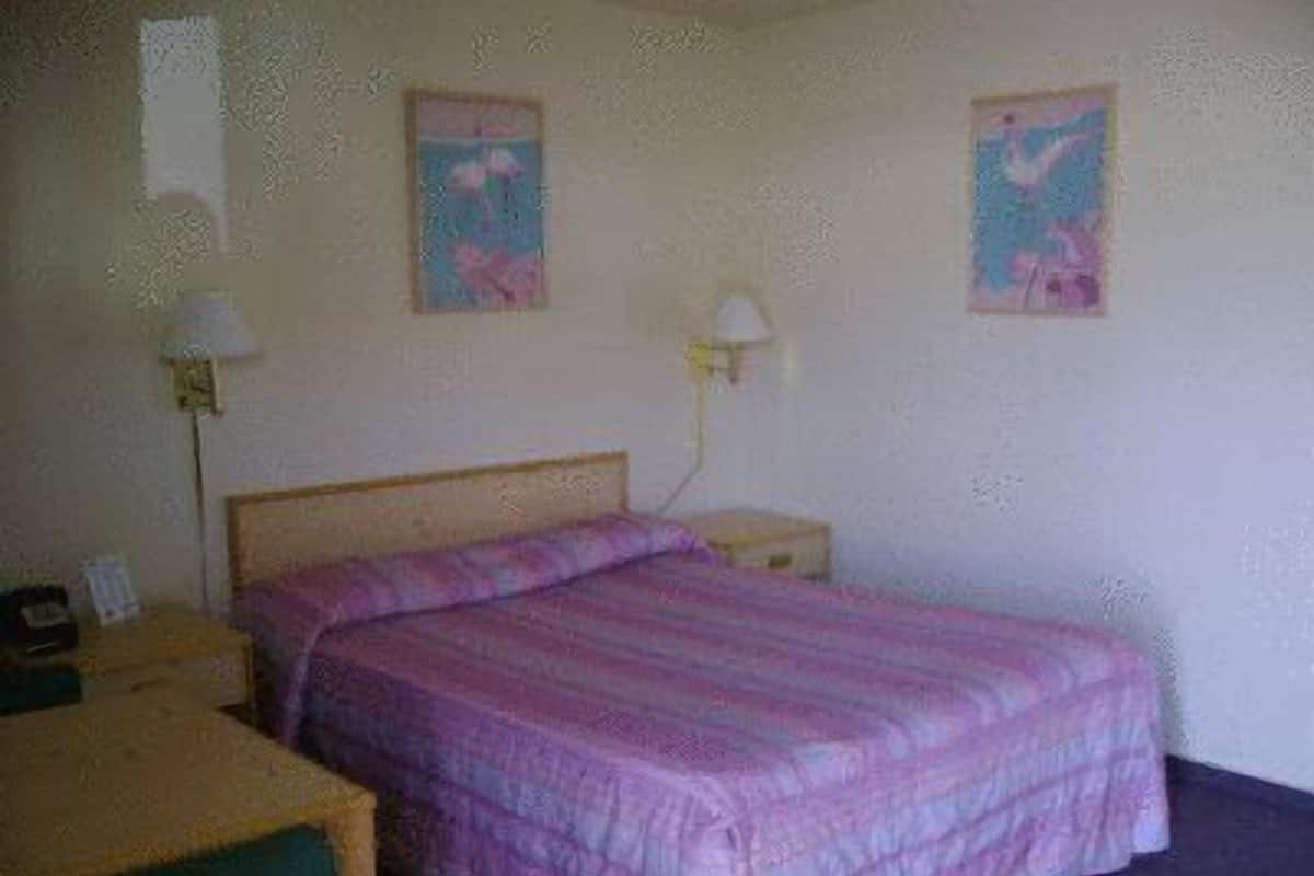Una cama individual con una colcha a rayas rosa y morada en una habitación con dos lámparas fijadas a la pared y dos cuadros enmarcados de flamencos.