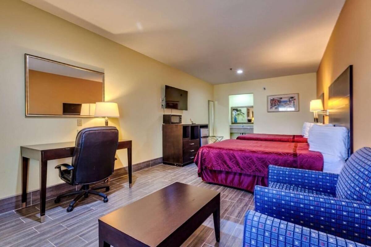 Une chambre d’hôtel avec un lit, un bureau, une chaise, une télévision et un miroir.