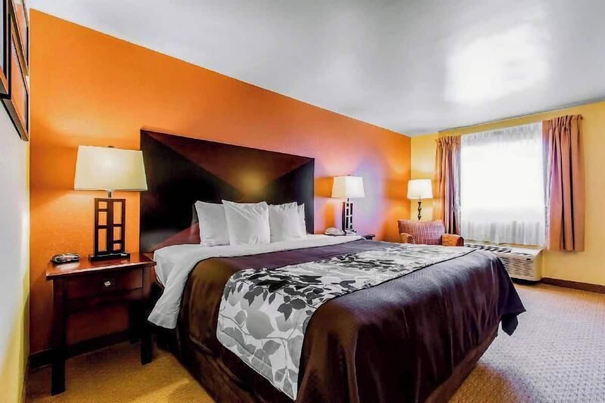 A hotel room with a large bed, two bedside tables, a nightstand, a window with curtains, and a wall-mounted lamp.