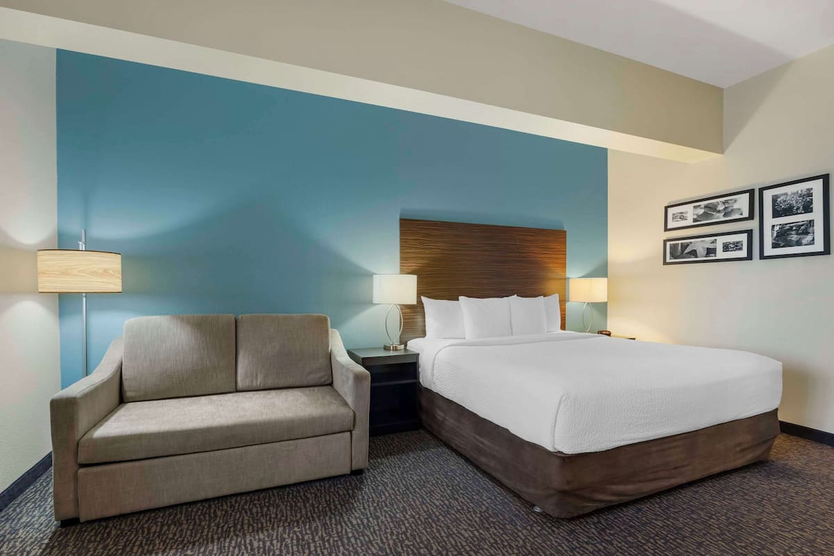 A hotel room with a bed, a sofa, a nightstand, and a wall with framed pictures.