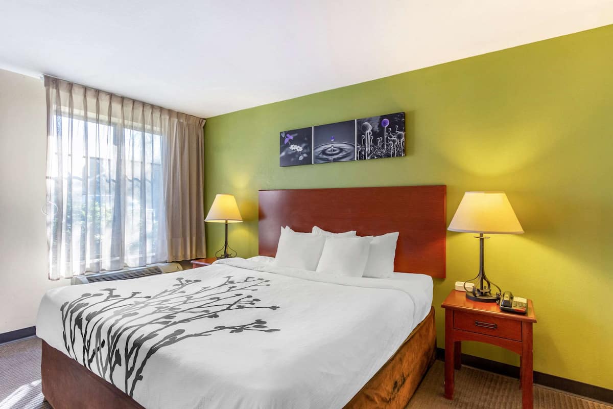 A hotel room with a bed, two bedside lamps, a nightstand, a wall art piece, and a window with curtains.