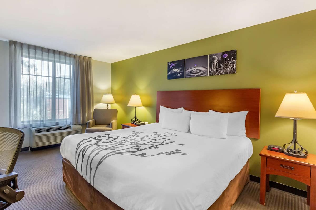 A hotel room with a large bed, two bedside lamps, a chair, a desk, and a wall art piece.