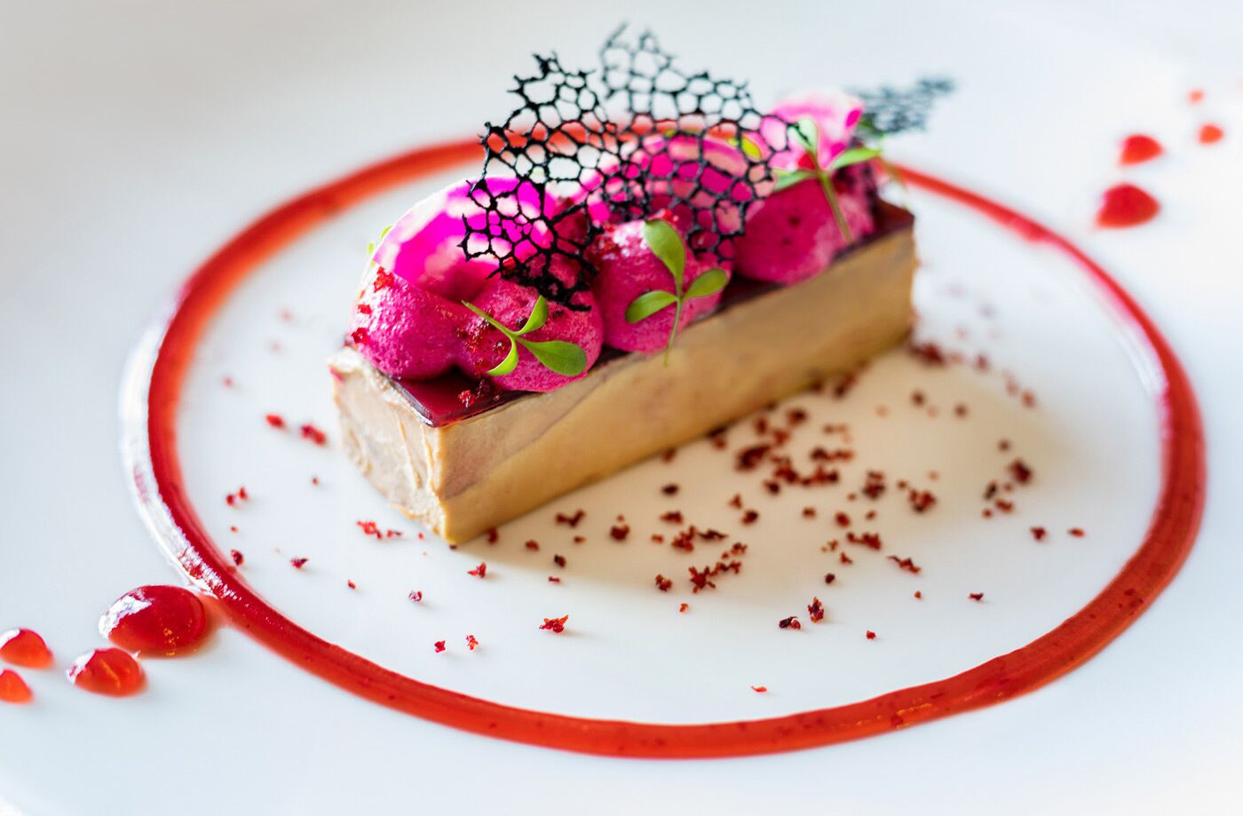Un postre con bayas coloridas y una red decorativa sobre un plato blanco.