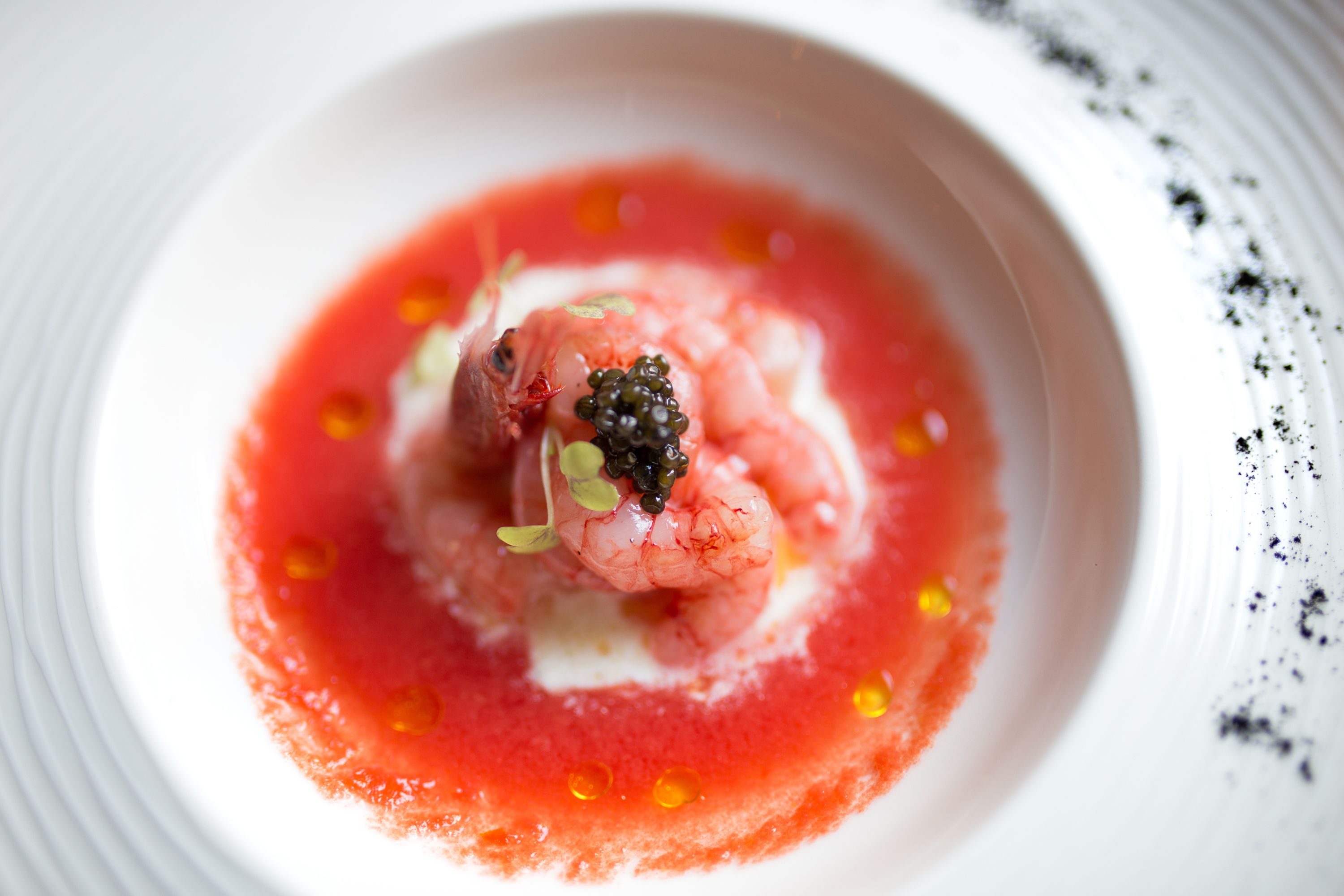 Un plato blanco con camarones y caviar.
