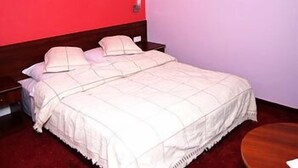 Een slaapkamer met een bed, kussens, een nachtkastje, een wandlamp en een ingelijste foto aan de muur.