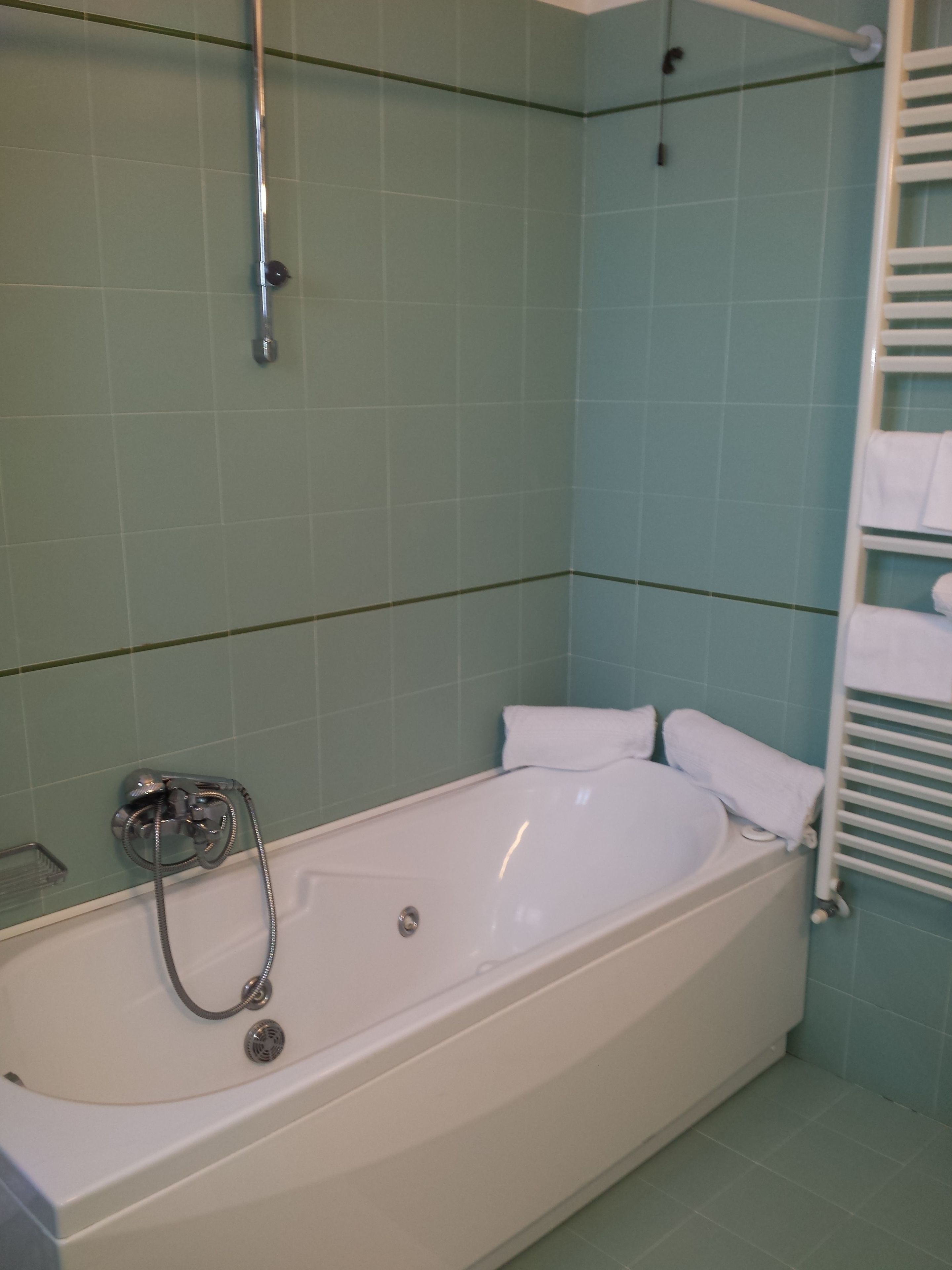 Ein Badezimmer mit einer weißen Badewanne, einer Duschbrause und einem Handtuchhalter.