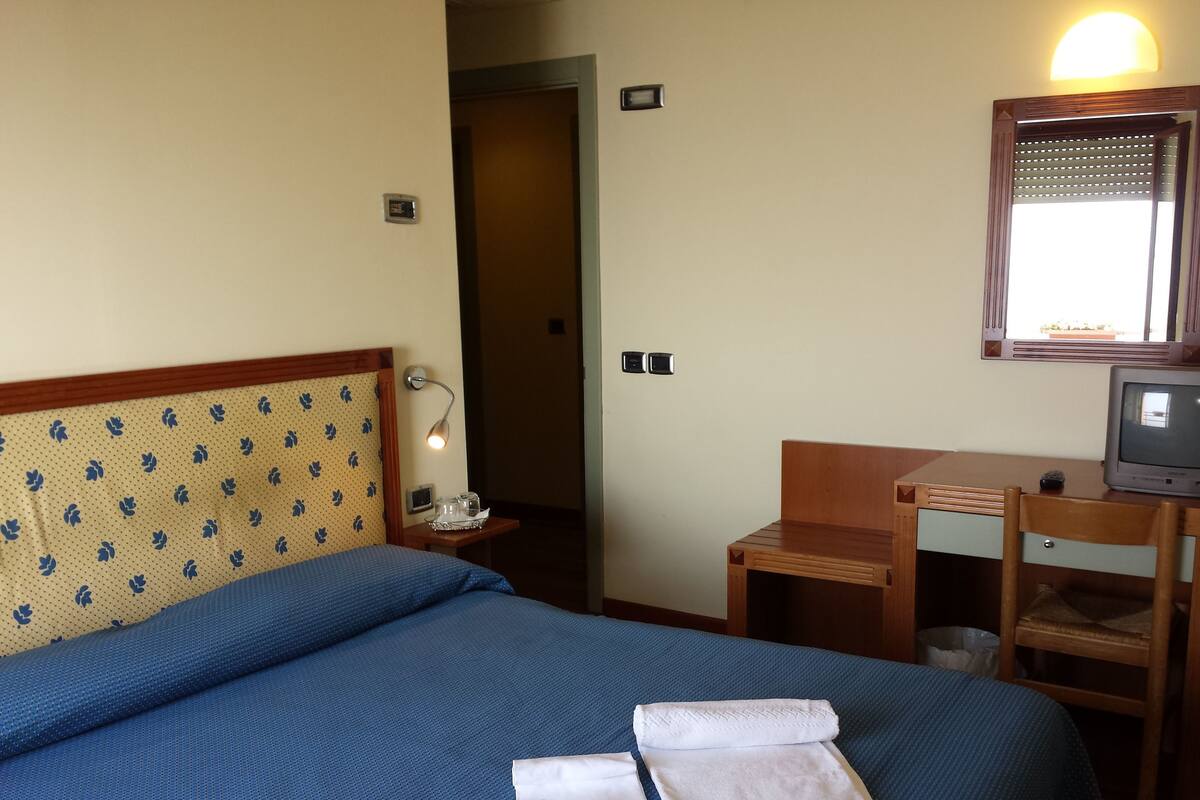 A hotel room with a bed, a desk, a television, and a bathroom door.