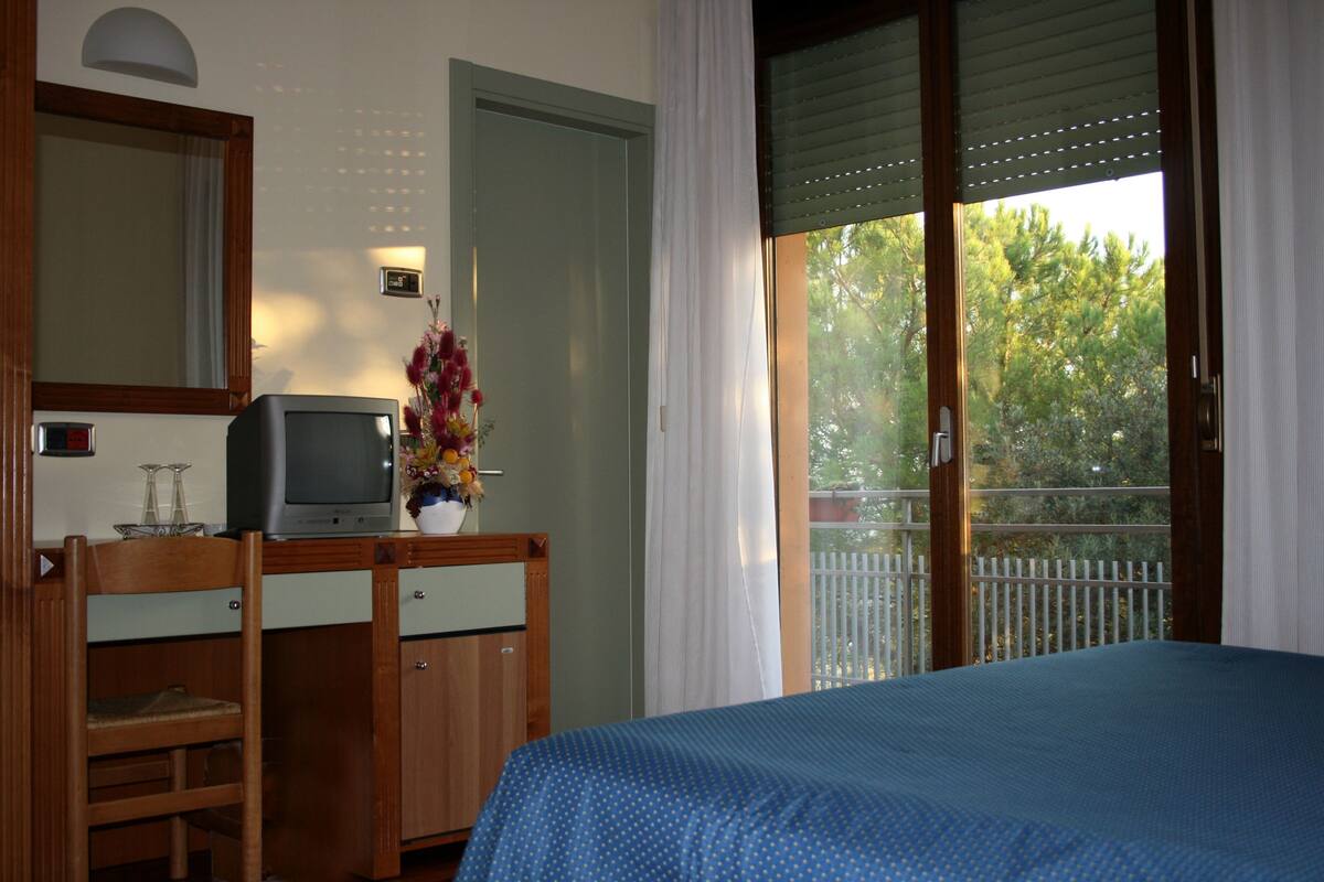 A bedroom with a bed, a television on a wooden dresser, a mirror, and a balcony with a view of trees.