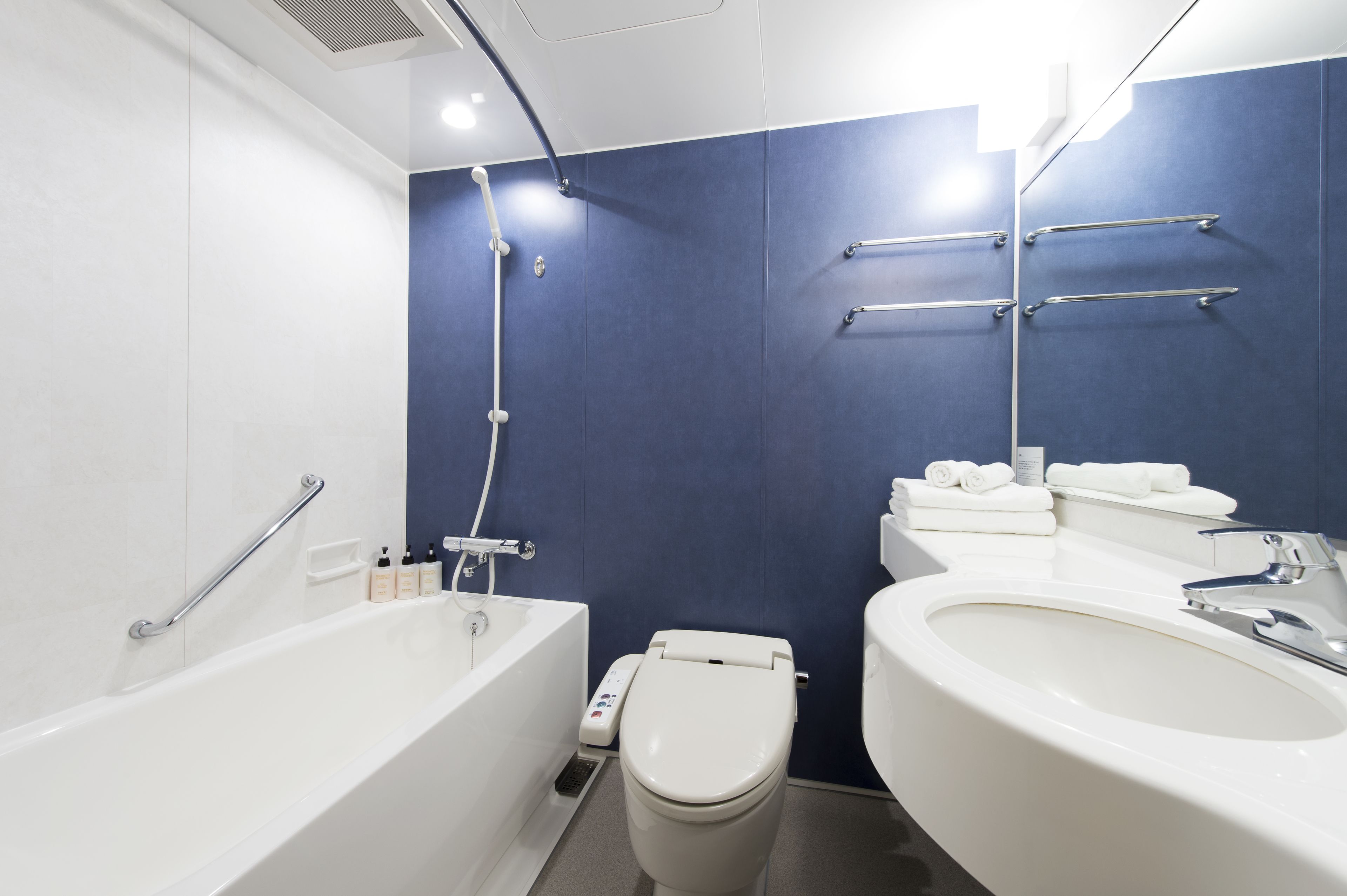 combined shower/bathtub, free toiletries, hair dryer, slippers