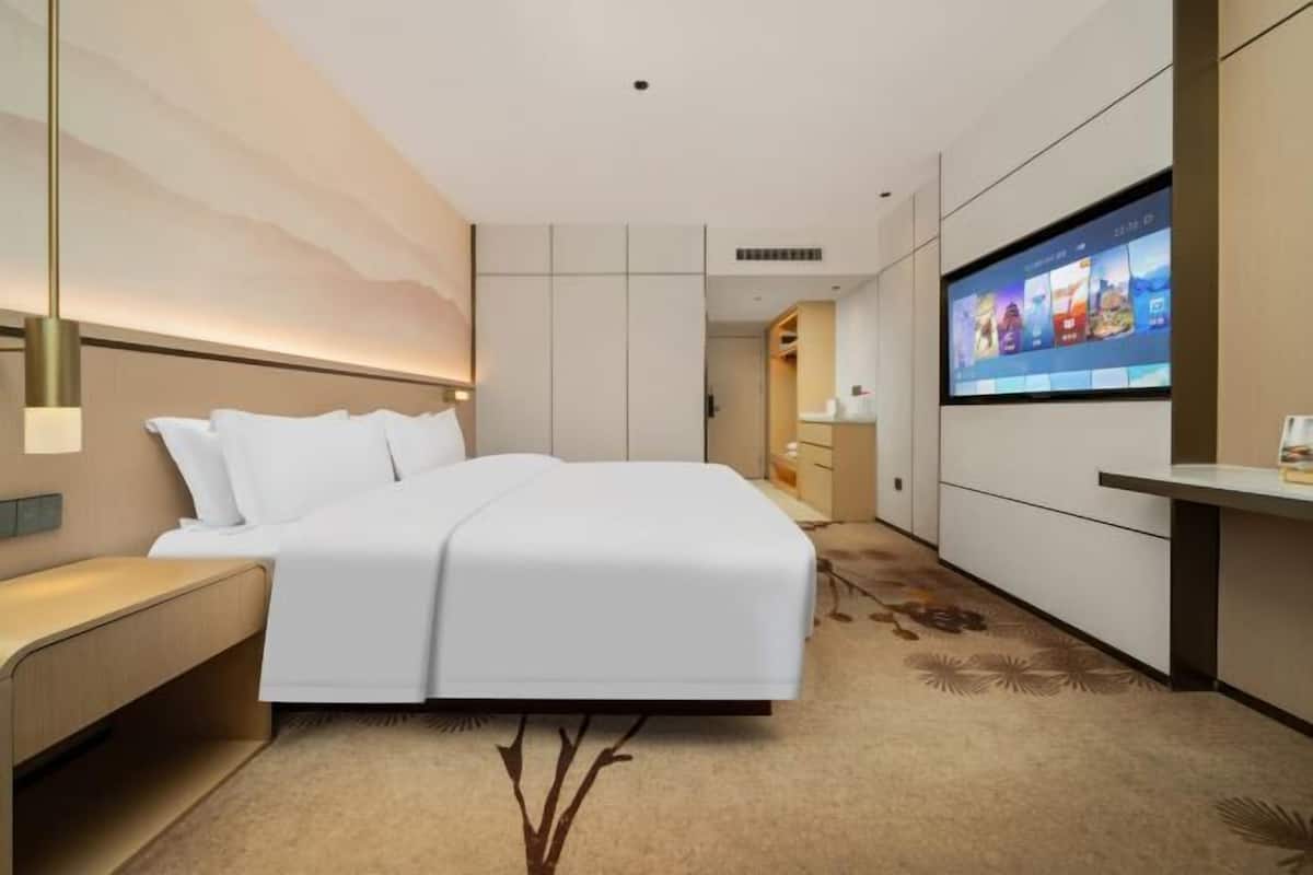 A modern hotel room with a large bed, a TV mounted on the wall, a bedside table, and a carpeted floor.