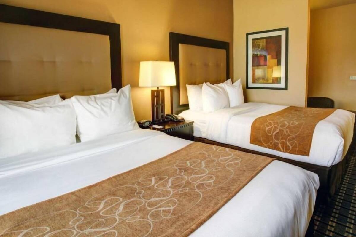 Quarto de hotel com duas camas, uma mesinha de cabeceira com abajur, um quadro na parede e um tapete estampado.