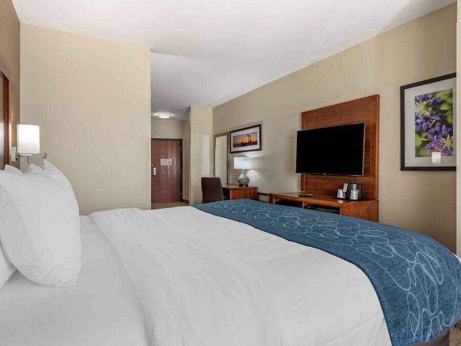 A hotel room with a large bed, a desk, a flat-screen TV, and a framed picture on the wall.