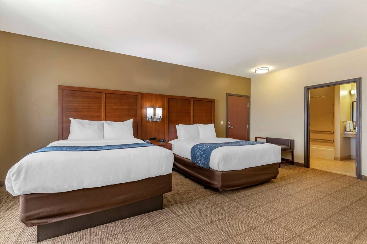 Quarto de hotel com duas camas, cabeceira de madeira, piso coberto por carpete e banheiro visível através de uma porta aberta.