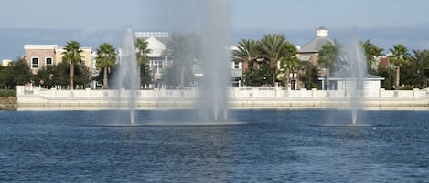 A waterfront fountain with multiple jets, surrounded by palm trees and buildings in the background.