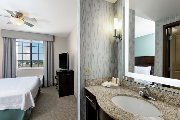 A hotel room with a bed, a television, a bathroom with a sink and mirror, and a view of the outdoors.