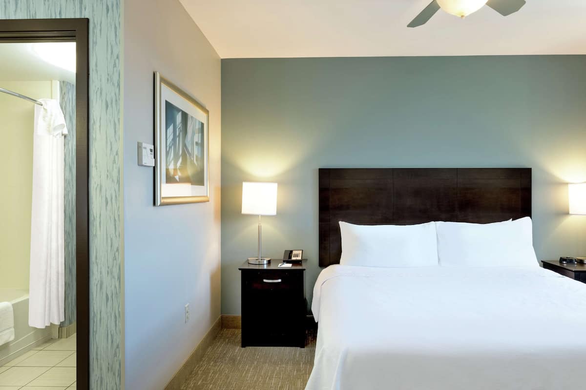 A hotel room with a bed, nightstands, a lamp, a painting, and a ceiling fan.