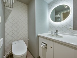 A bathroom with a toilet, a sink, and a mirror.