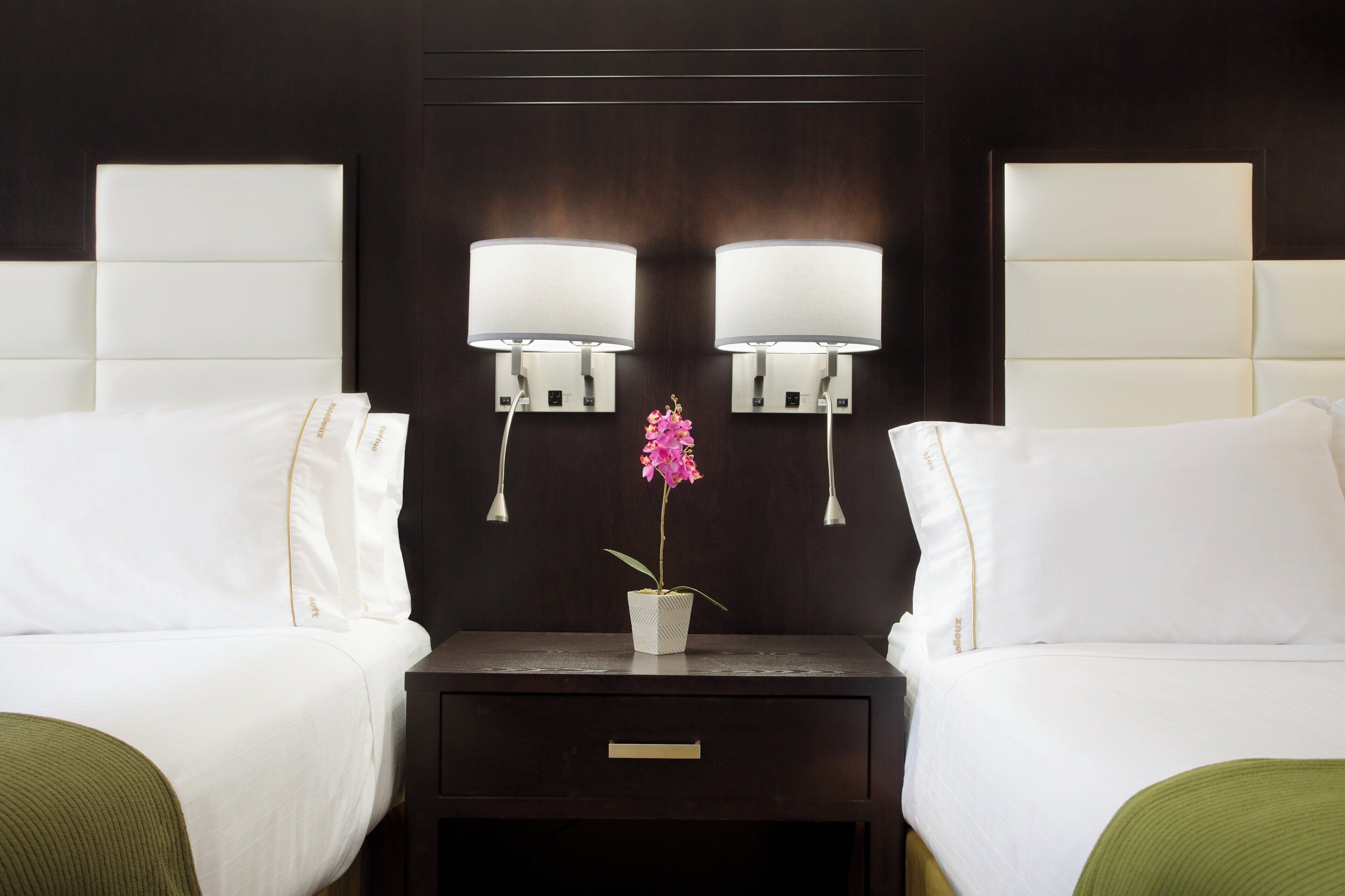 Una habitación de hotel con dos camas, una mesita de noche con lámpara y una orquídea en maceta.