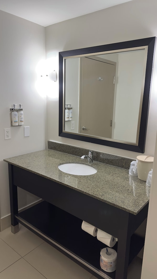 A bathroom with a granite countertop, a white sink, a large mirror, and a black vanity cabinet. - Holiday Inn Express & Suites Ottawa West - Nepean by IHG (Ottawa)