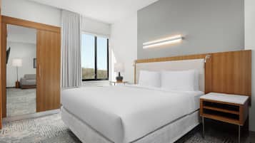 A hotel room with a large bed, a bedside table, a lamp, a mirror, and a view of the outdoors.