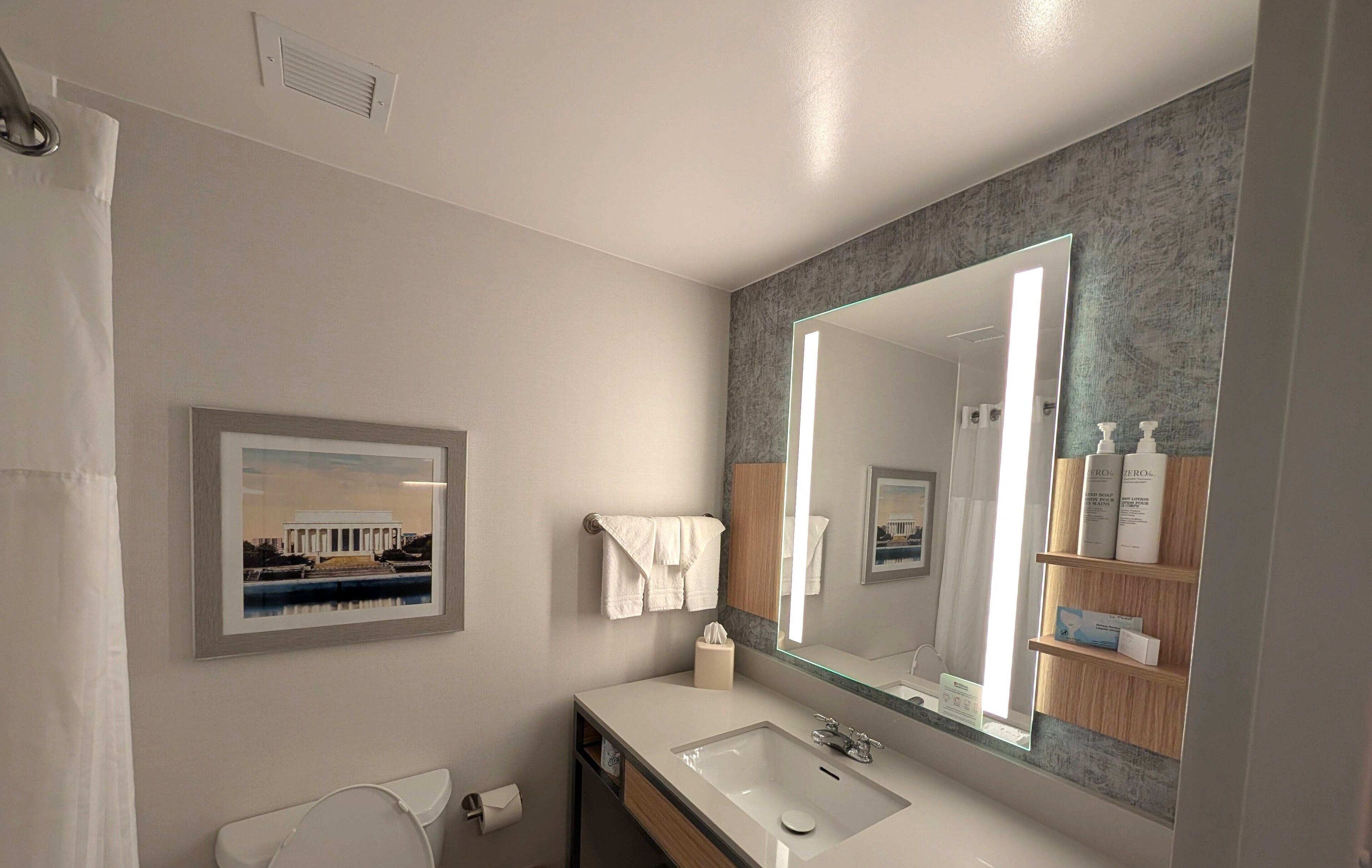 Une salle de bain moderne avec un grand miroir, un lavabo et un tableau encadré au mur.