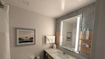 Une salle de bain moderne avec un grand miroir, un lavabo et un tableau encadré au mur.