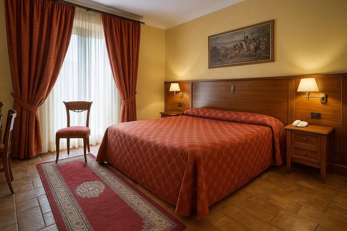 A hotel room with a large bed, two bedside tables with lamps, a chair, a red rug, and a painting on the wall.