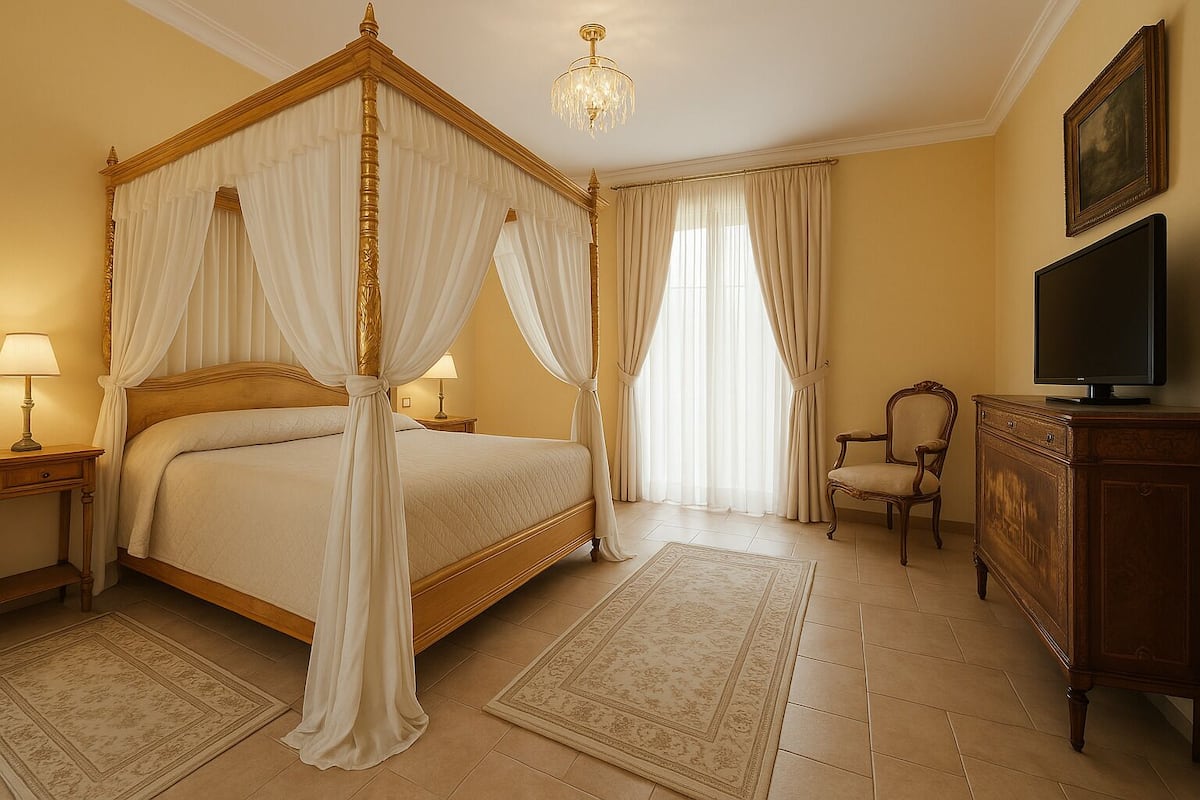 A four-poster bed with draped curtains, a television on a wooden cabinet, a chair, and a chandelier.
