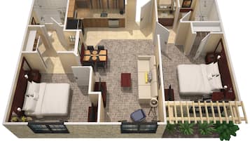 Plànol tridimensional d'una habitació d'hotel amb llit, sofà, taula de dinar amb cadires, zona de cuina petita, bany i un balcó amb plantes.