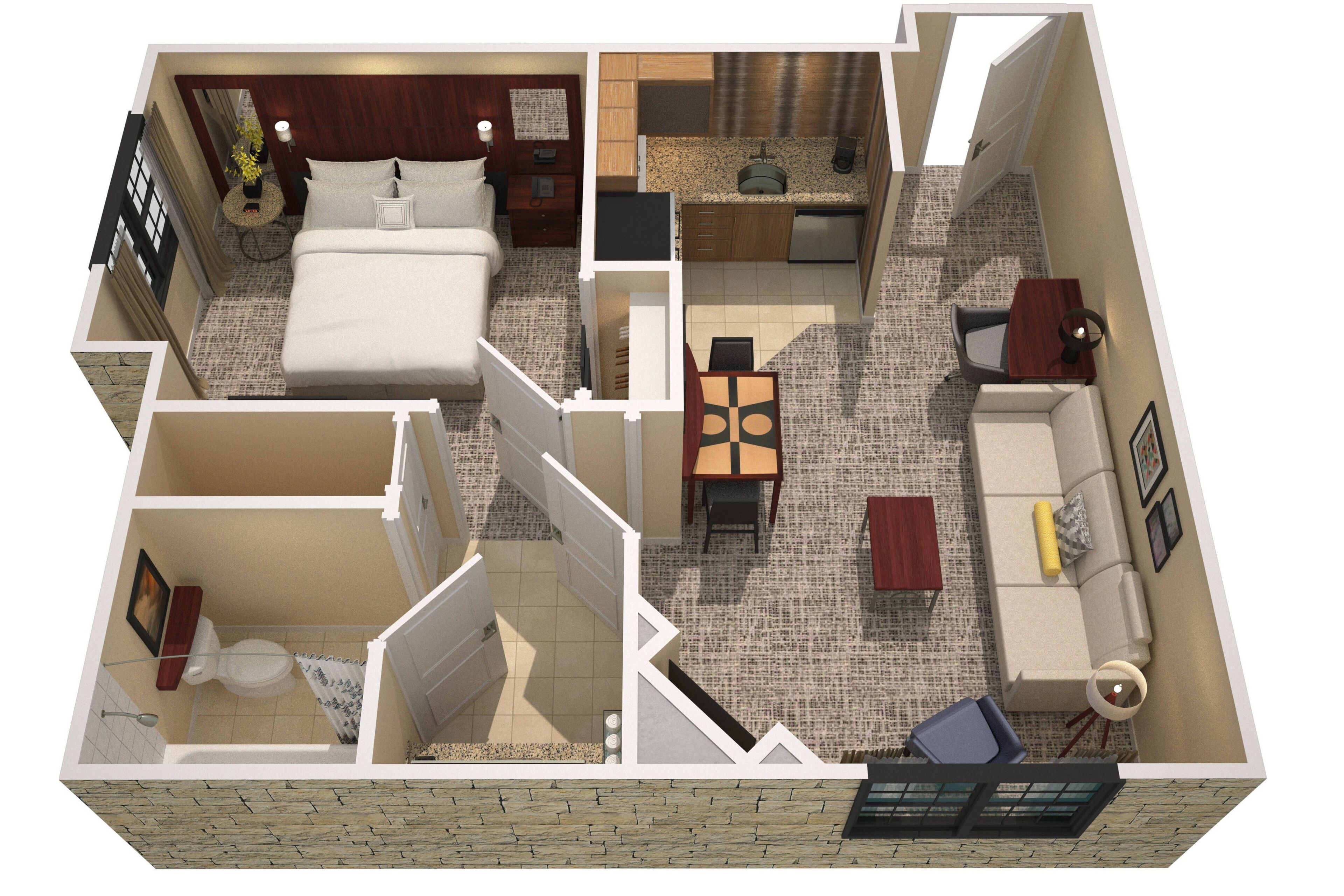 Plano de planta en 3D de una habitación de hotel con cama, kitchenette pequeña, baño y zona de estar con mesa y sillas.