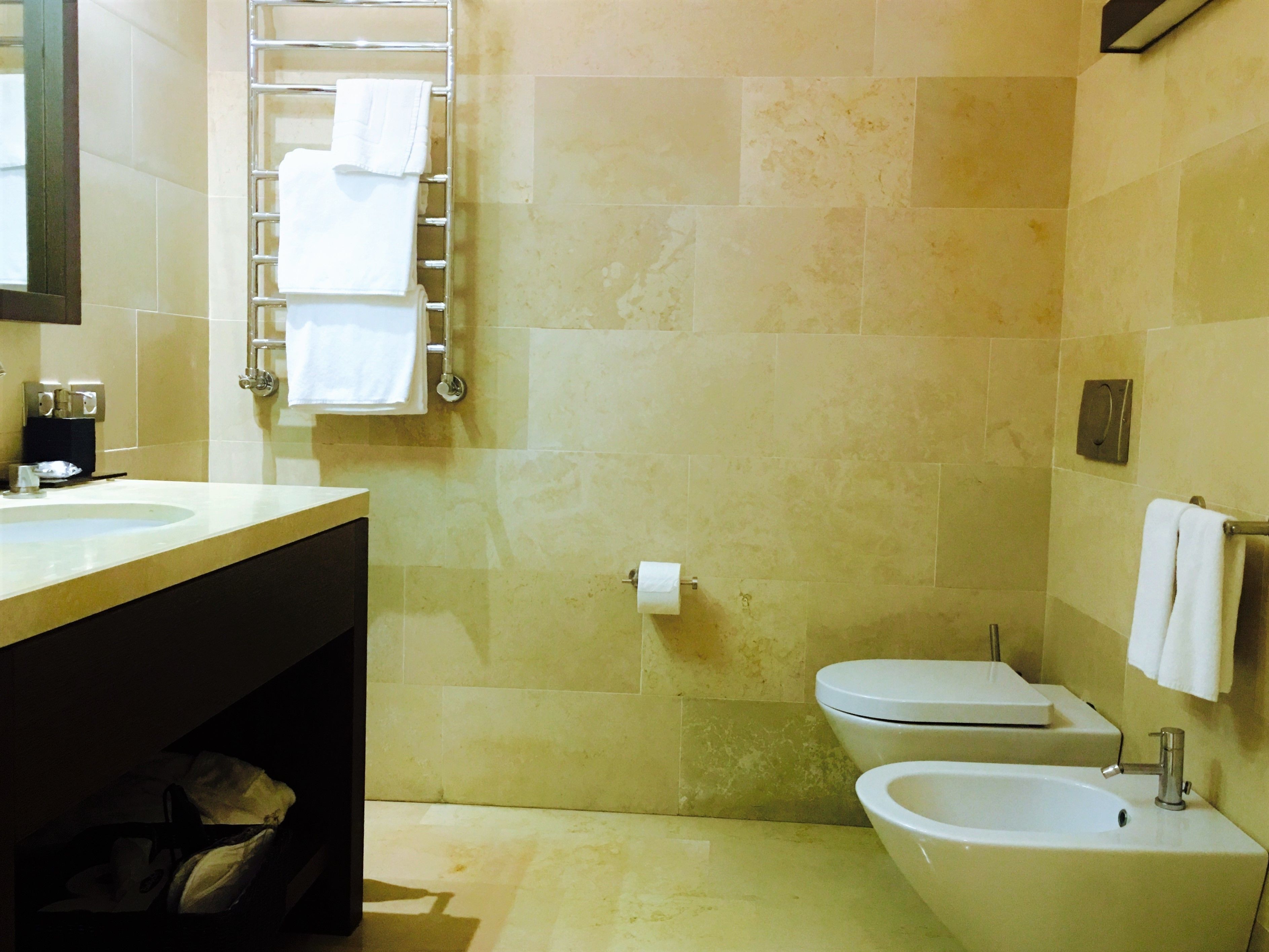 hair dryer, bidet, towels