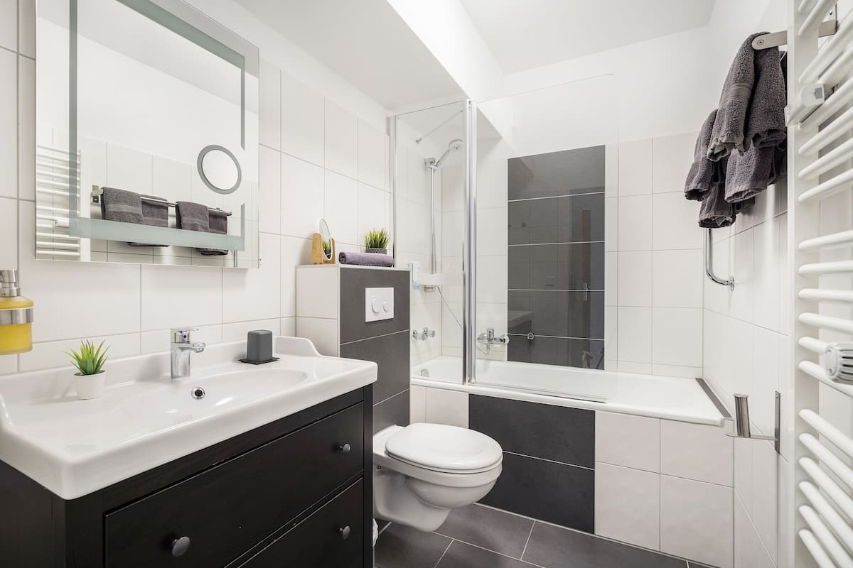 hair dryer, towels, soap, shampoo