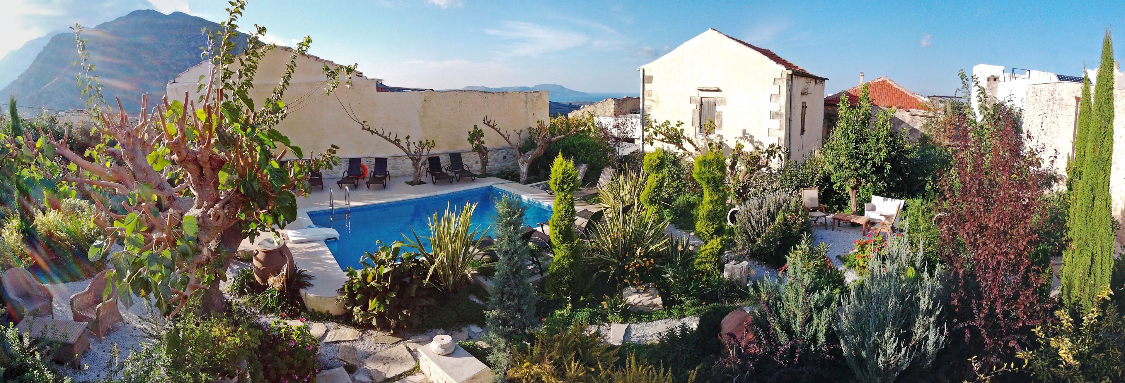 A pool surrounded by lush greenery and a white building with a red roof.