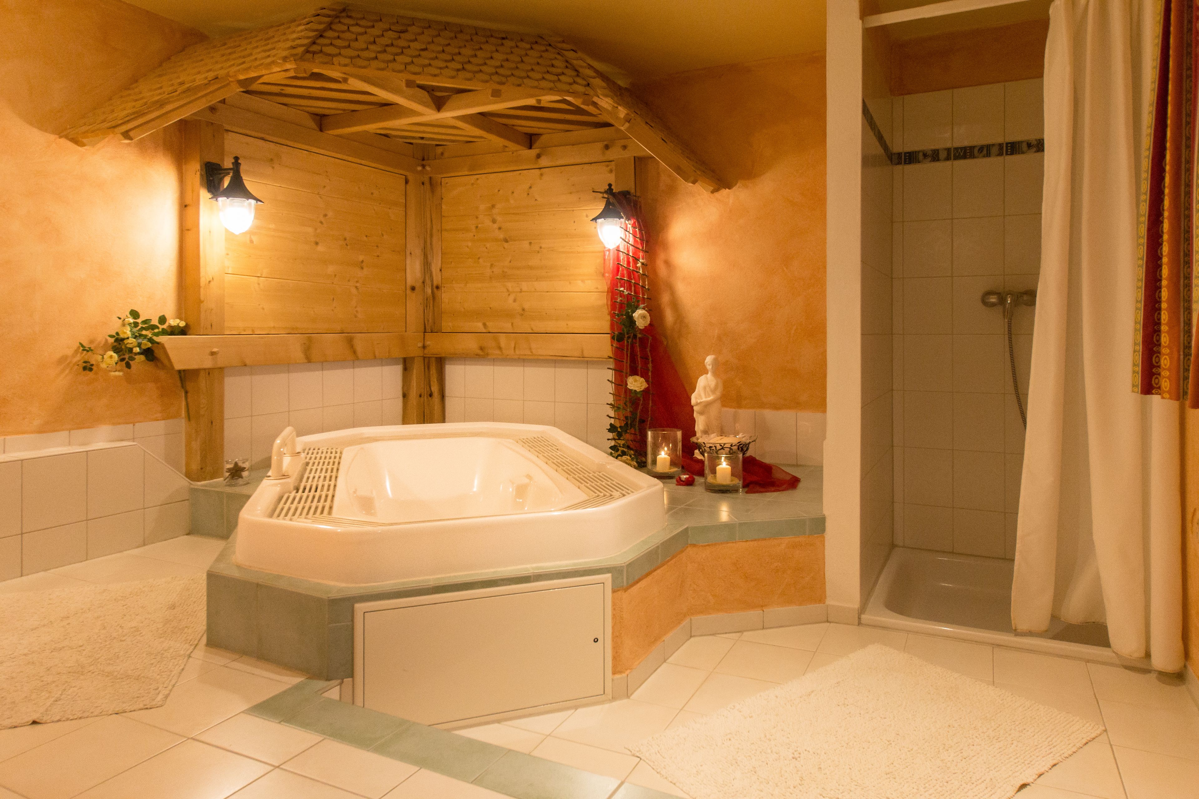 shower, hair dryer, bathrobes, towels