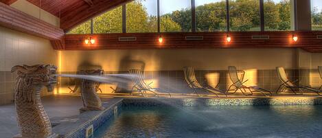 Indoor pool, seasonal outdoor pool, pool umbrellas