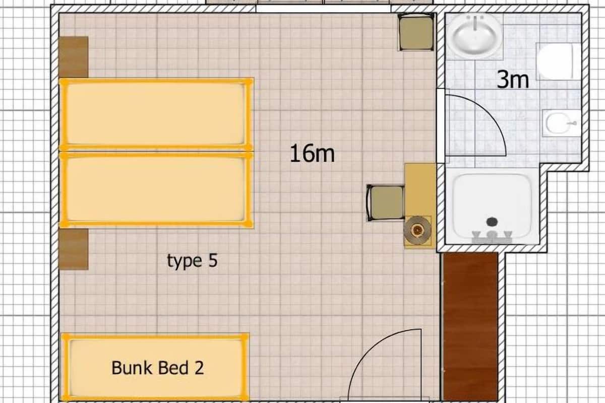 A floor plan with a bunk bed, a type 5 room, a bathroom, and a small sitting area.