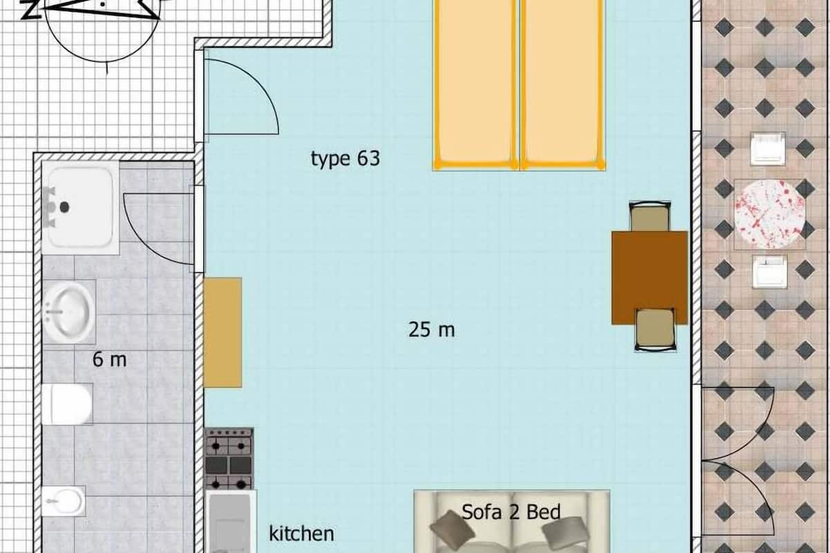A floor plan of a hotel room with a kitchenette, a bathroom, a sofa bed, and a dining area.