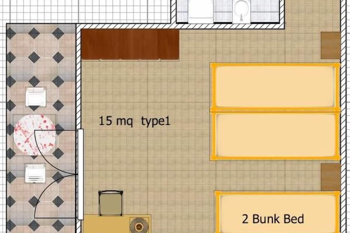 A floor plan with a 3-mq bathroom, a 15-mq ensuite room, and a 2-bunk bed room.