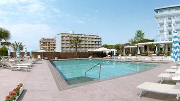 Seasonal outdoor pool, pool umbrellas, pool loungers