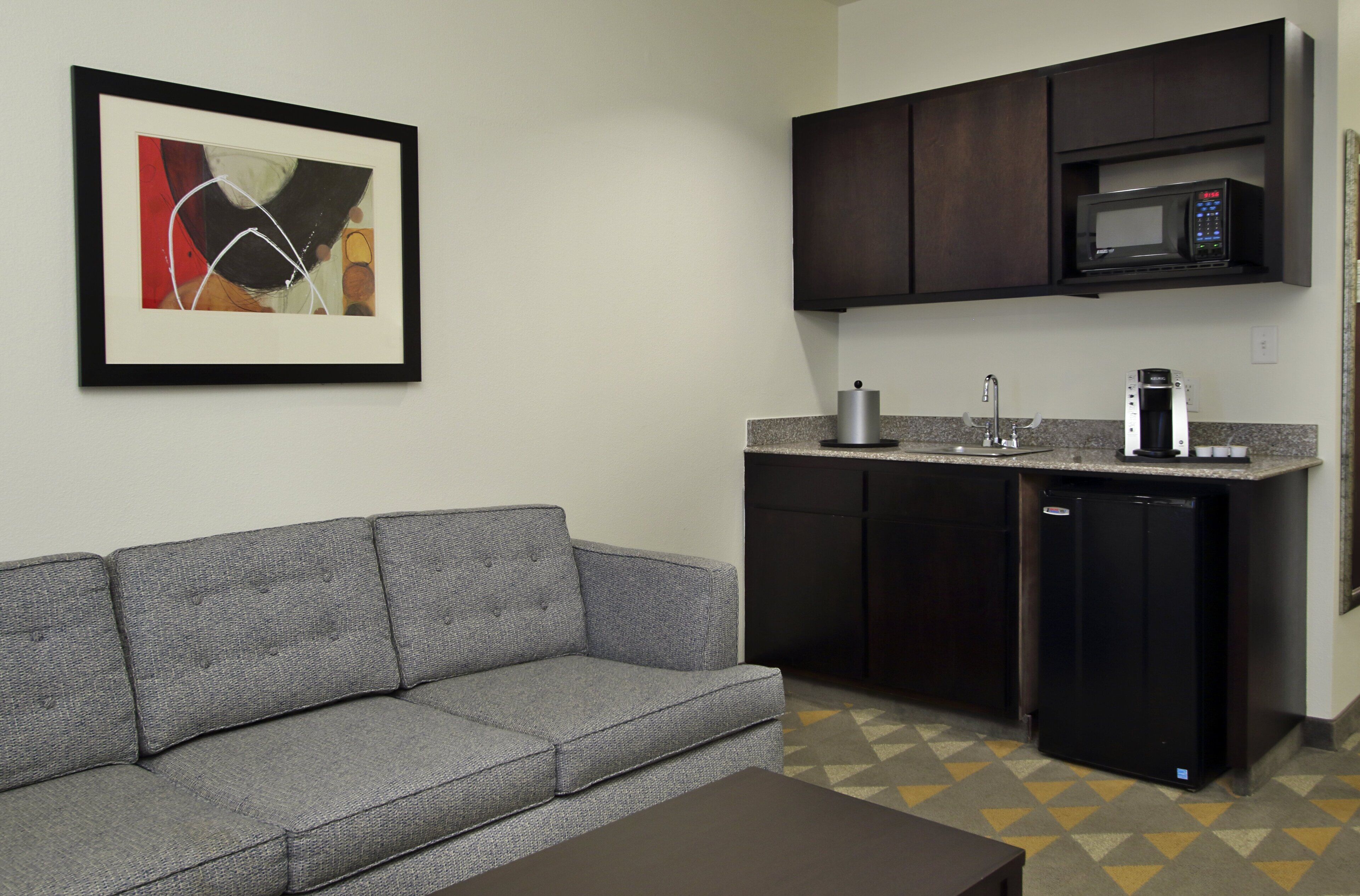 desk, laptop workspace, blackout curtains, iron/ironing board