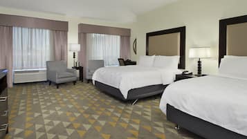 Desk, laptop workspace, blackout drapes, iron/ironing board